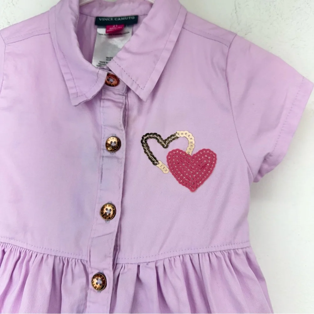 Vince Camuto size 2T Girls Purple Sequin Heart Short Sleeve Button Front Dress